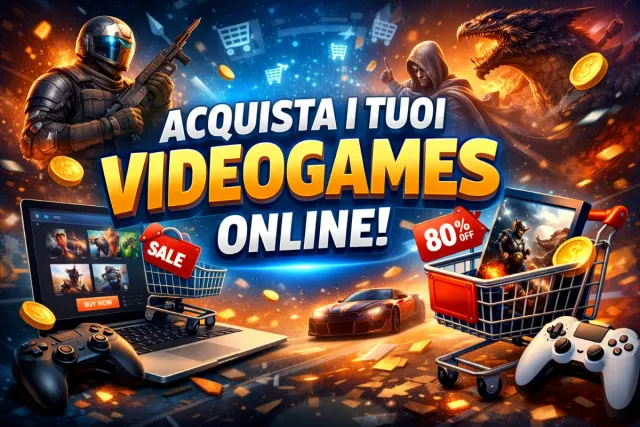 illustrazione con computer e un carrello con dei videogiochi e una scritta in mezzo acquista i tuoi videogames online