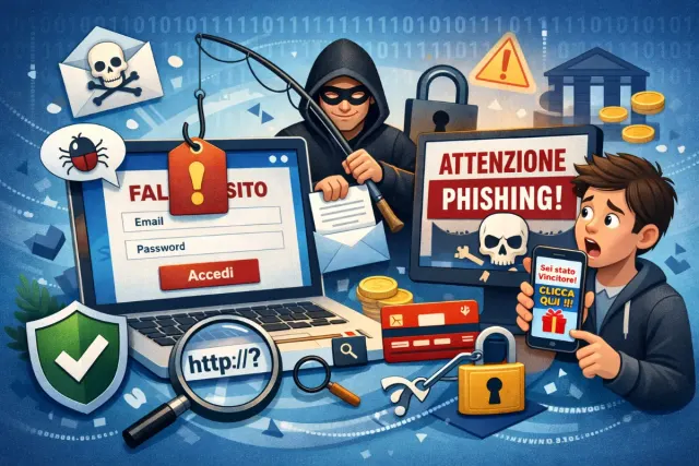 illustrativa di un ragazzo che sta cliccando un telefono e un truffatore che pesca da un computer