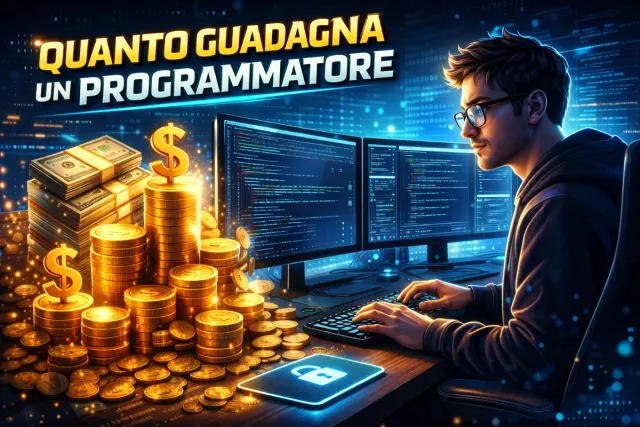 programmatore che scrive codice che ha una montagna di soldi a sinistra