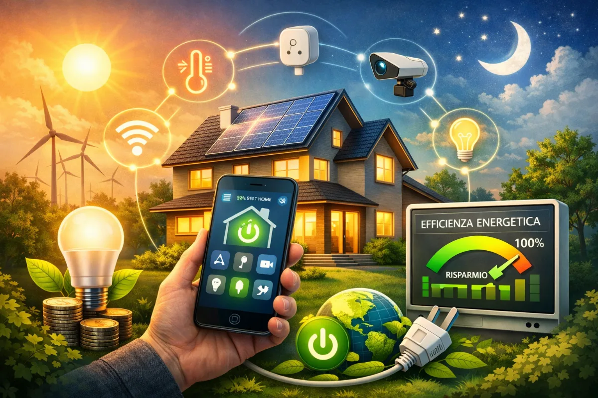 risparmio energetico casa con telefono lampade wifi e efficenza energetica tutto il giorno